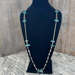 Vintage Turquoise and Silver Necklace - 34" 12 Turquoise Nuggets & Bench Beads